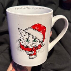 Cat Mug with Santa Hat says I need ☕️ coffee right meow